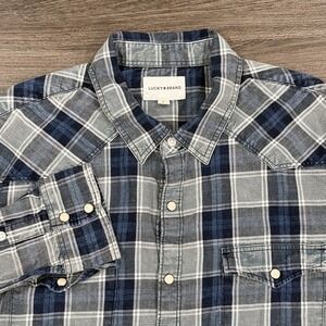 Lucky Brand Pearl Snap Flannel Shirt - Mens Size Large - Blue Plaid Long Sleeve